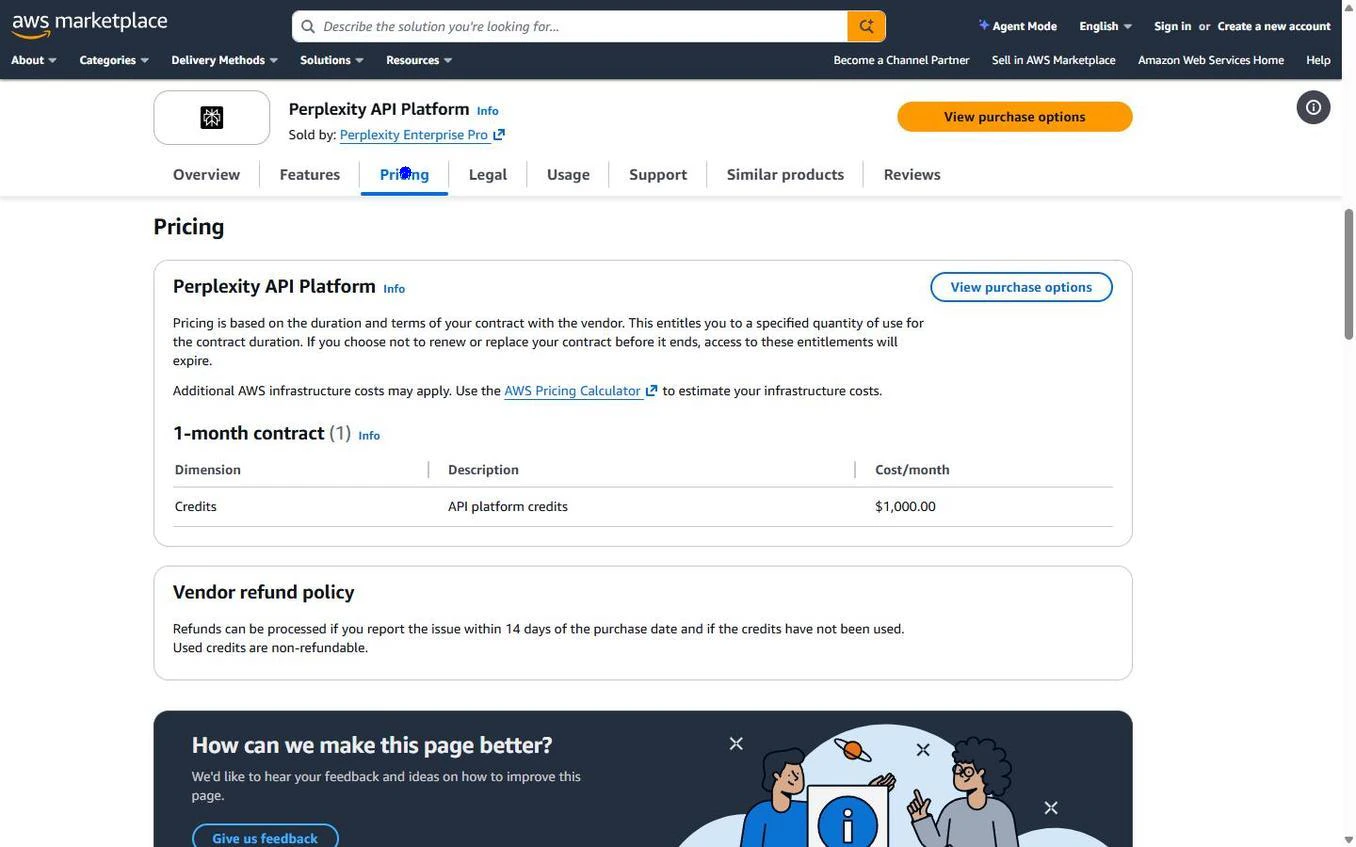 AWS Marketplace pricing — API platform credits at $1,000/month