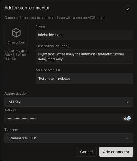 Custom connector dialog showing brightside-data, API Key authentication, and Streamable HTTP, with the test endpoint redacted