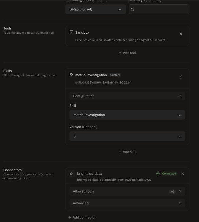 Profile settings with Sandbox under Tools, a pinned metric-investigation Skill, and brightside-data under Connectors