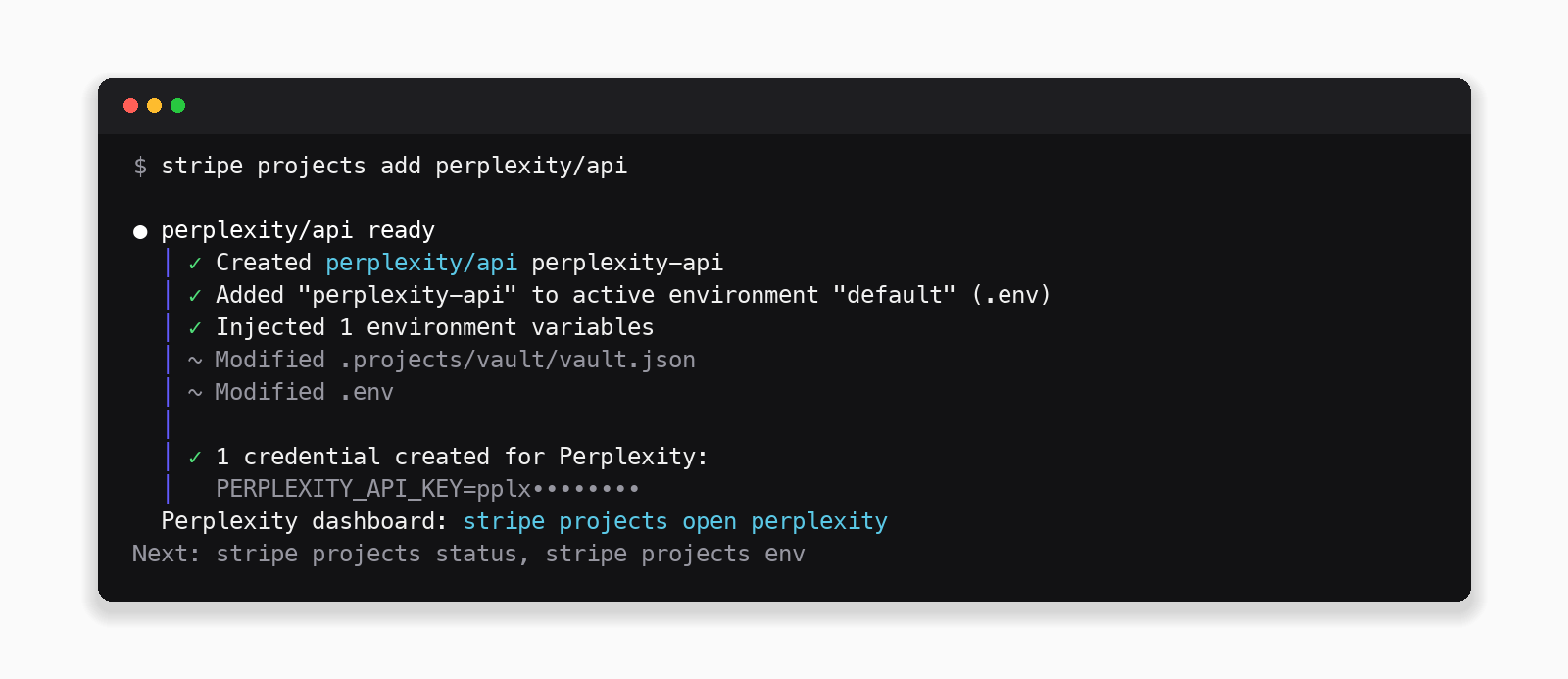 stripe projects add perplexity/api creating the Perplexity API project and writing PERPLEXITY_API_KEY to .env