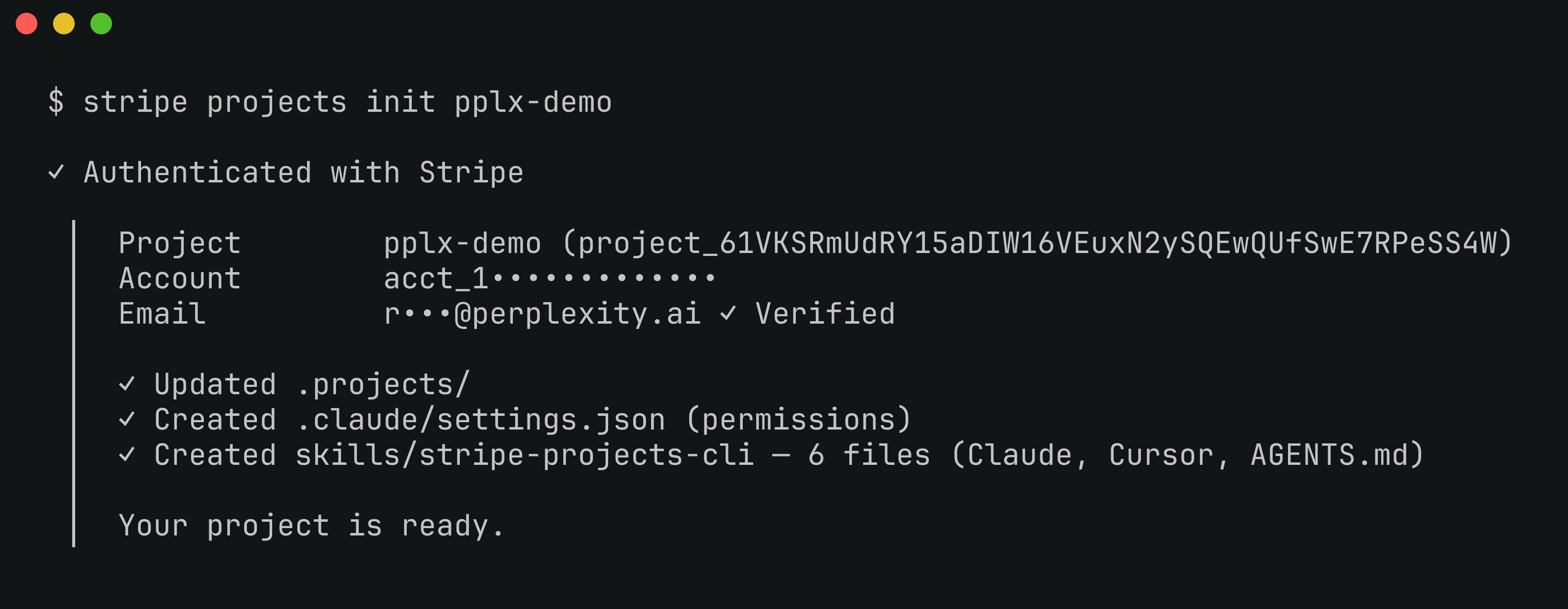 stripe projects init creating the Stripe project and writing the stripe-projects-cli agent skill files