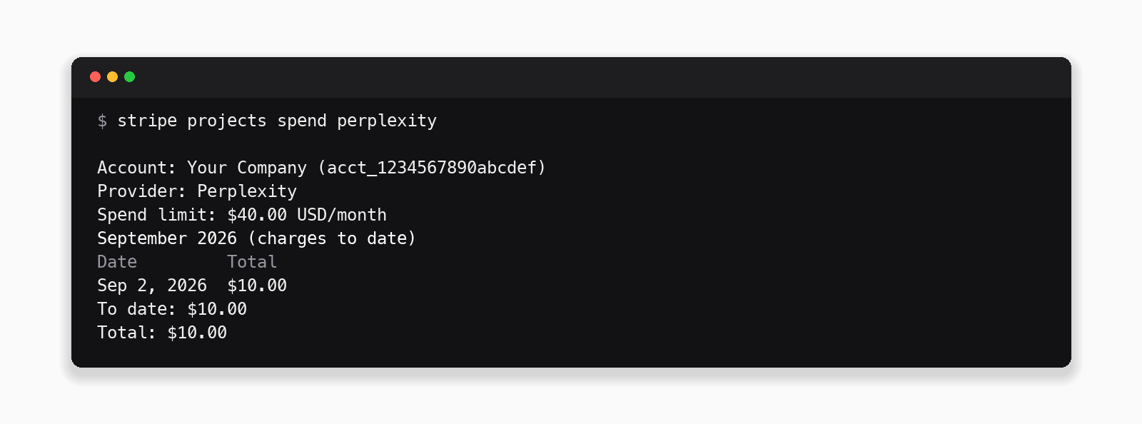 stripe projects spend perplexity showing the provider spend limit and monthly charges