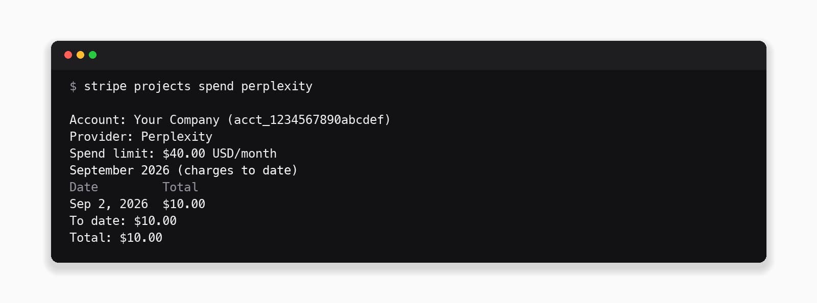 stripe projects spend perplexity showing the provider spend limit and monthly charges
