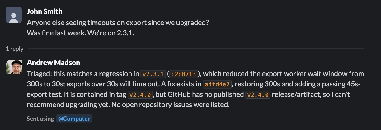 Slack thread showing the initial export timeout report and the agent's reply identifying the regression, fix, and unpublished release status.