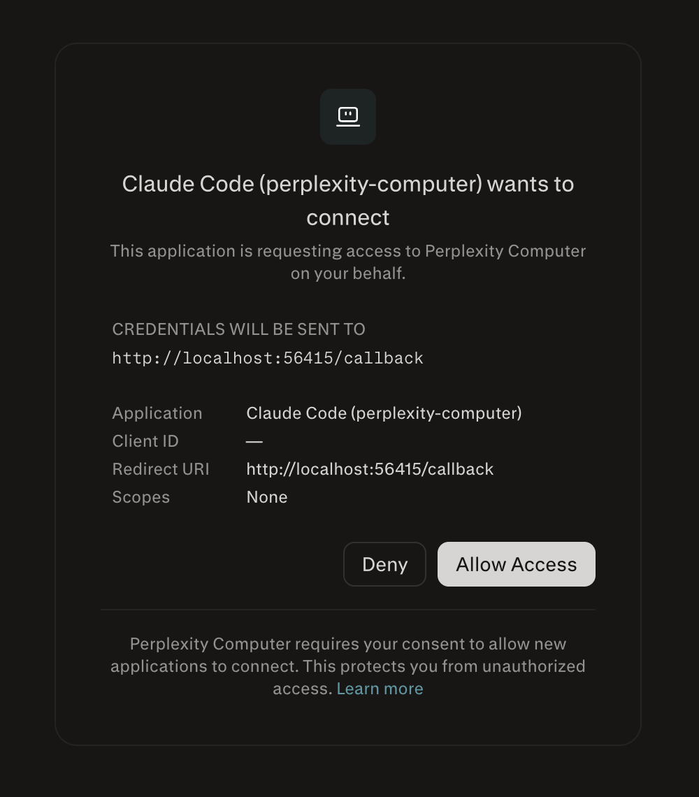 Perplexity OAuth screen for Computer MCP