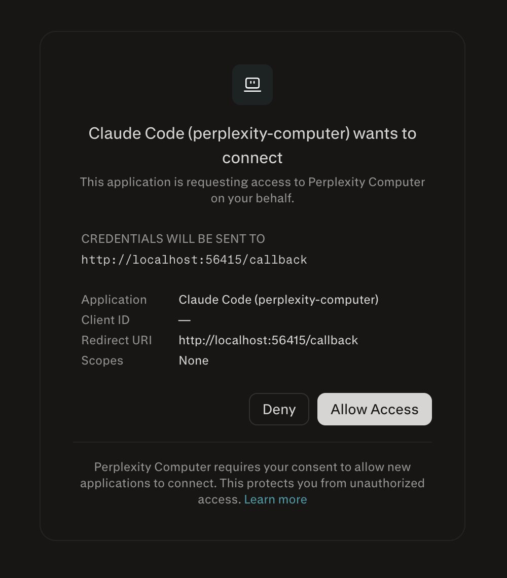 Perplexity OAuth screen for Computer MCP