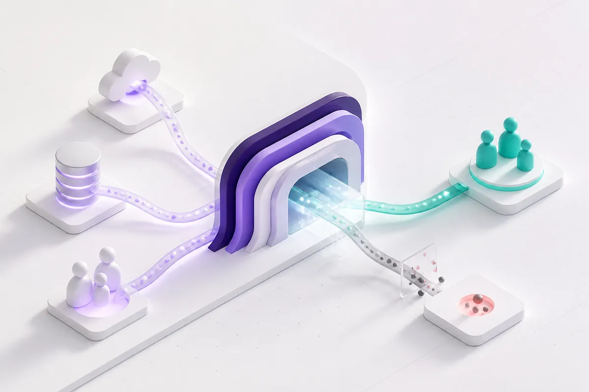 Isometric 3D editorial illustration for Customer relationships: how data flow and system-of-record design determine whether they scale