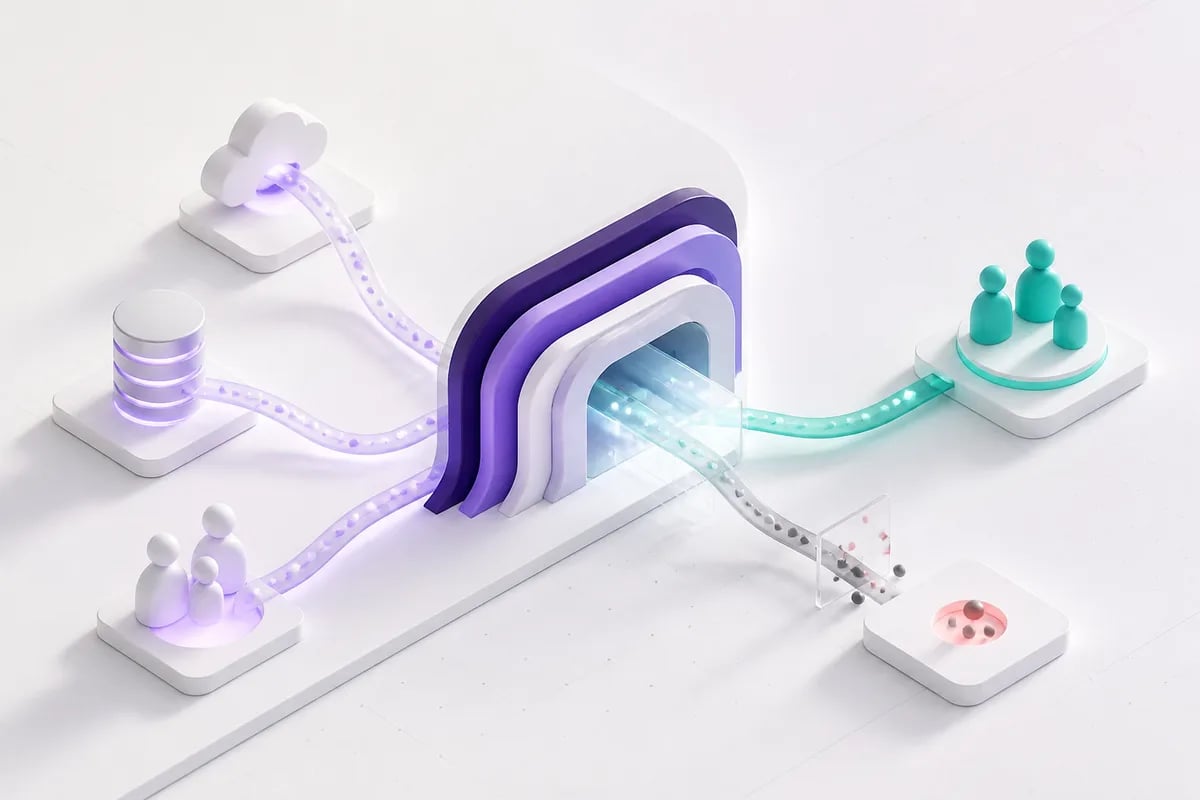 Isometric 3D editorial illustration for Customer relationships: how data flow and system-of-record design determine whether they scale