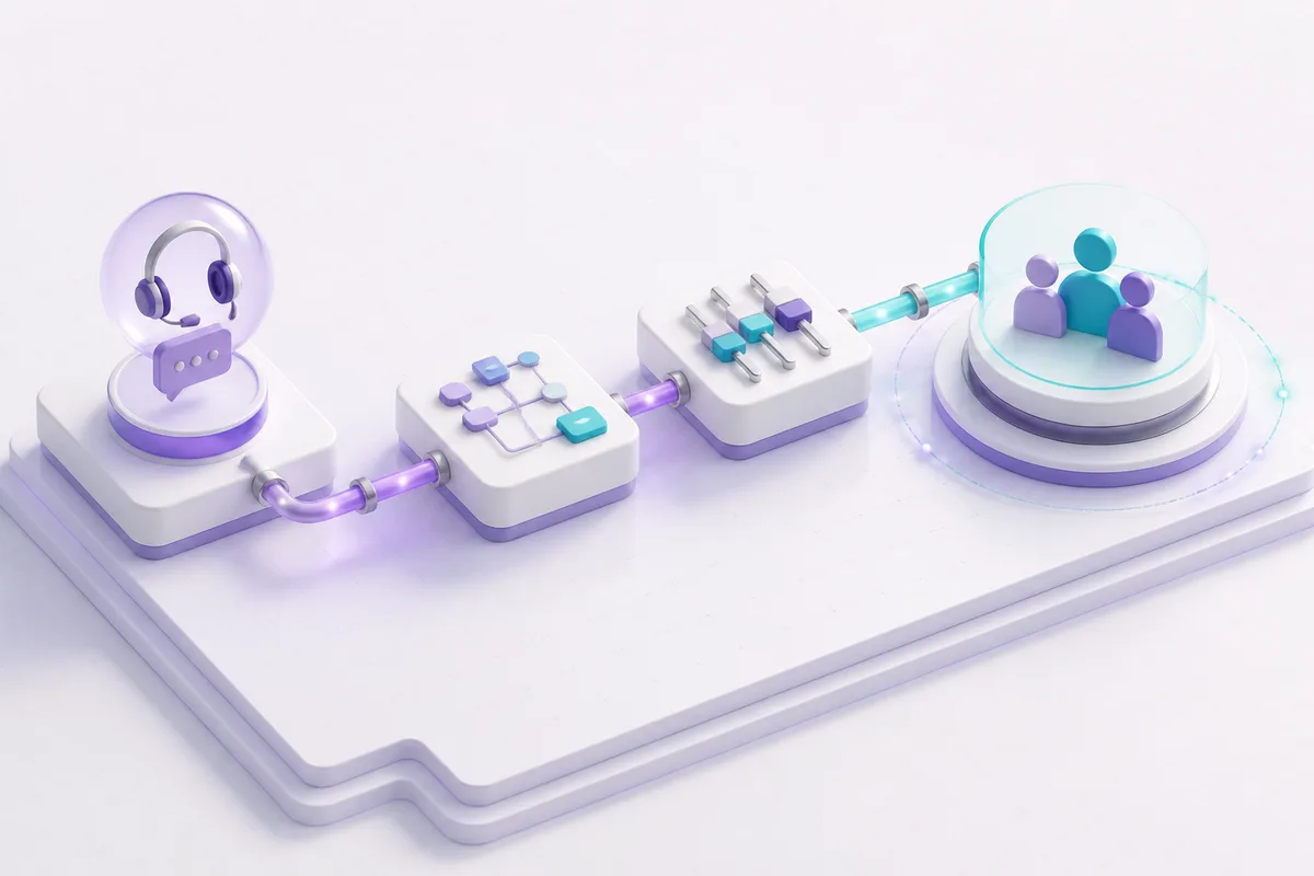 Isometric 3D editorial illustration for Contact center automation solutions: connecting workflow choices to measurable customer outcomes