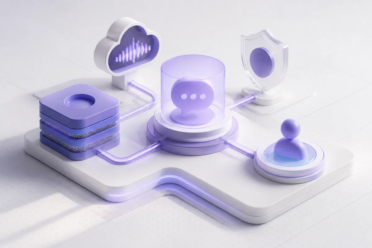 Isometric 3D editorial illustration for Conversational AI: how to implement it without shipping a demo