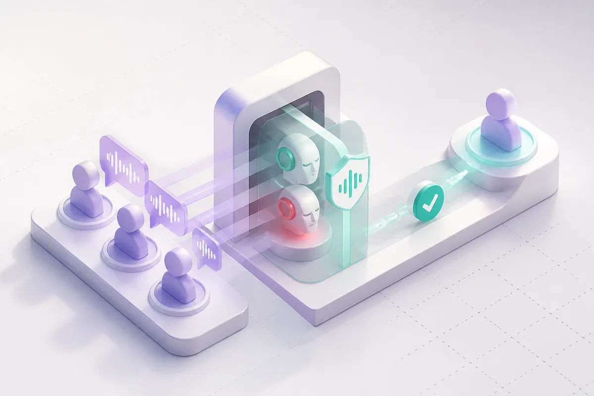 Isometric 3D editorial illustration for SaaS contact center test automation: connecting testing workflows to measurable customer outcomes