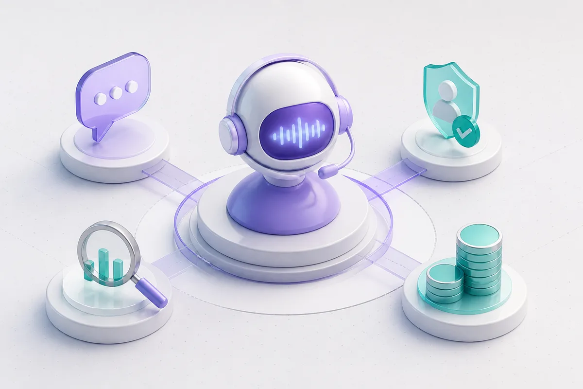 Isometric 3D editorial illustration for AI Voice Agents for Customer Support: What They Do and When to Use Them