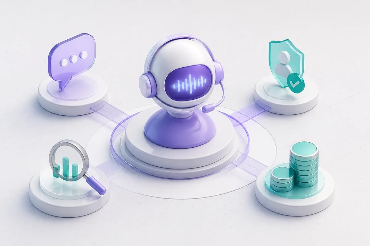 Isometric 3D editorial illustration for AI Voice Agents for Customer Support: What They Do and When to Use Them
