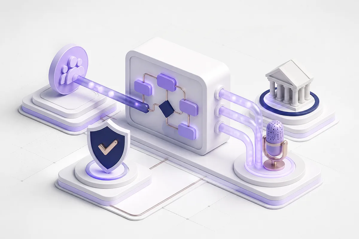 Isometric 3D editorial illustration for Financial services marketing automation: workflow constraints, risk, and buying criteria