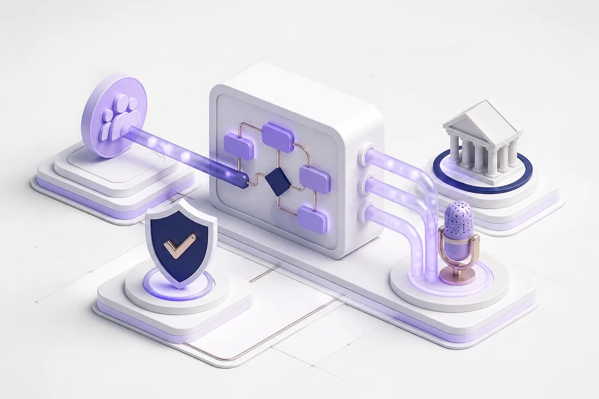 Isometric 3D editorial illustration for Financial services marketing automation: workflow constraints, risk, and buying criteria