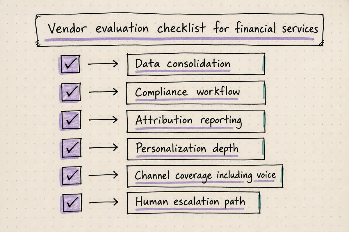 Checklist of six evaluation criteria for choosing a financial services marketing automation platform