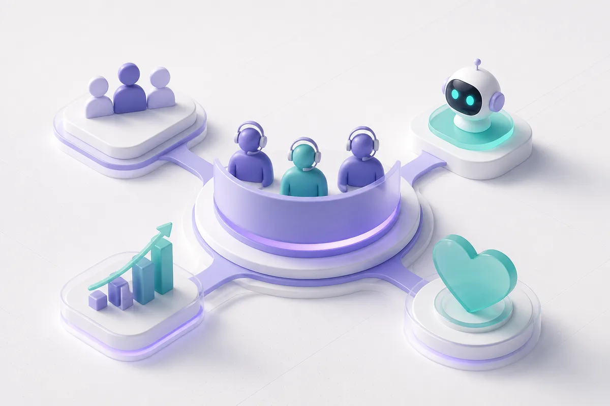 Isometric 3D editorial illustration for Contact center workforce optimization: a practical framework for measurable customer outcomes