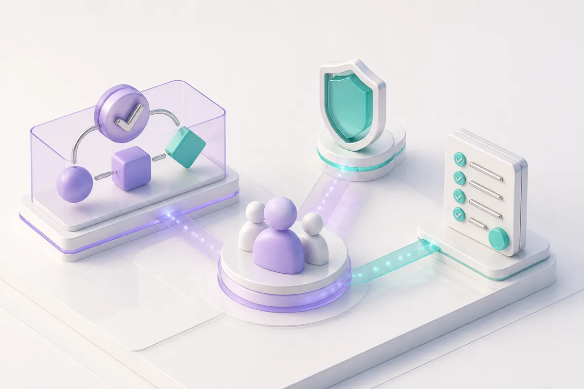 Isometric 3D editorial illustration for guests: workflow constraints and buying criteria for automation