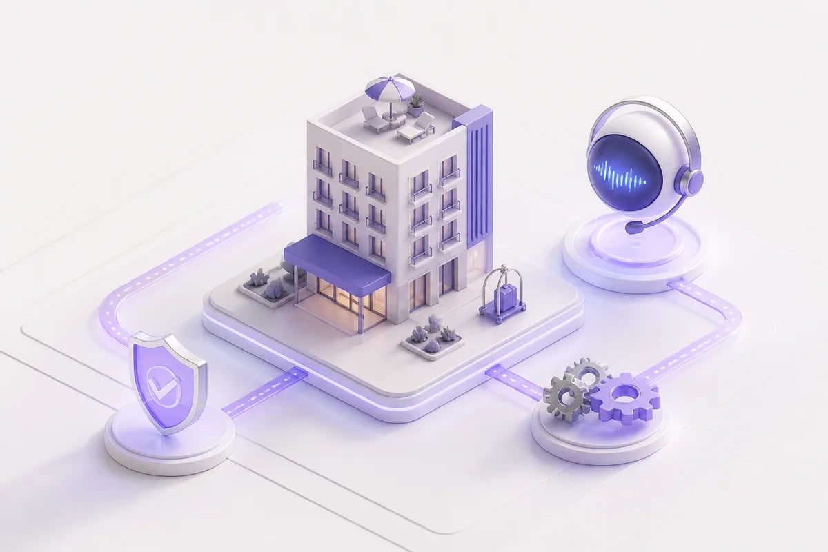 Isometric 3D editorial illustration for Hospitality Industry automation buying criteria for hotel operators