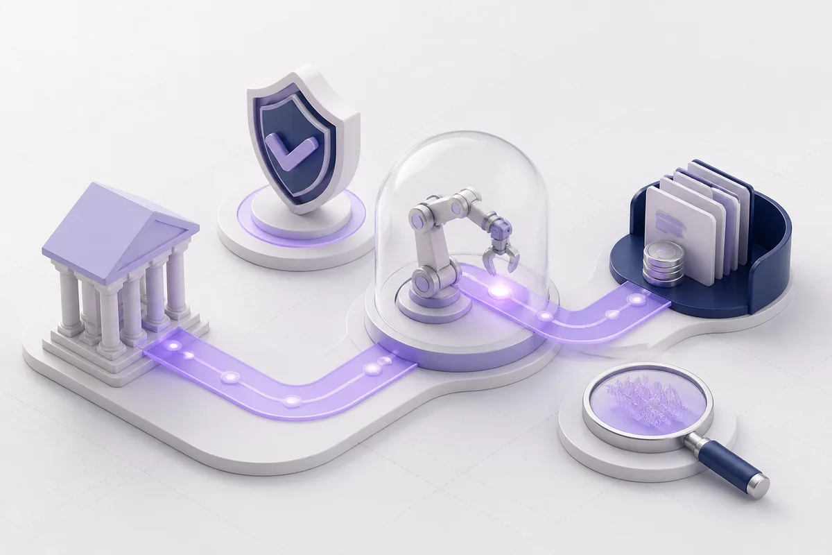 Isometric 3D editorial illustration for Robotic Process Automation in Financial Services: Workflow Constraints, Risk, and Buying Criteria