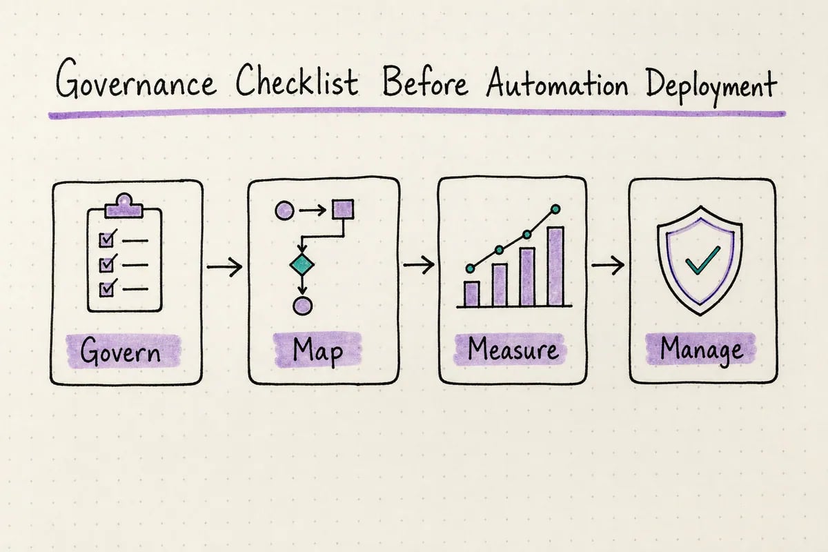 Checklist of governance steps for deploying automation in financial services, based on NIST's govern, map, measure, manage functions.