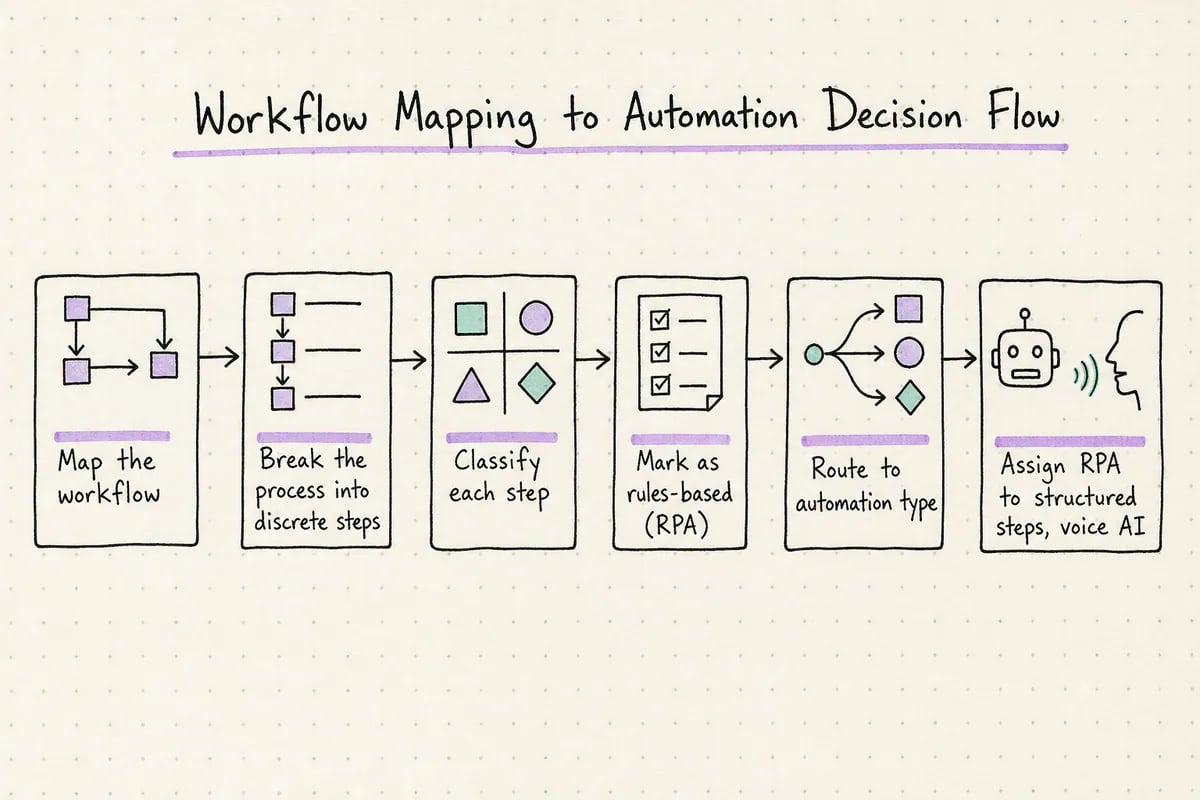 Flow diagram showing how to move from mapping a financial services workflow to classifying it as rules-based or dialogue-based, then routing to RPA or voice AI, then testing and mo
