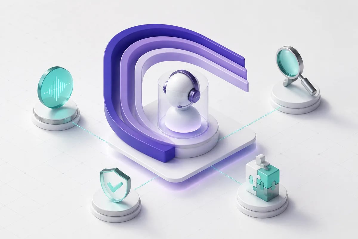 Isometric 3D editorial illustration for Voice AI reliability: what to test before you trust a phone agent with real calls