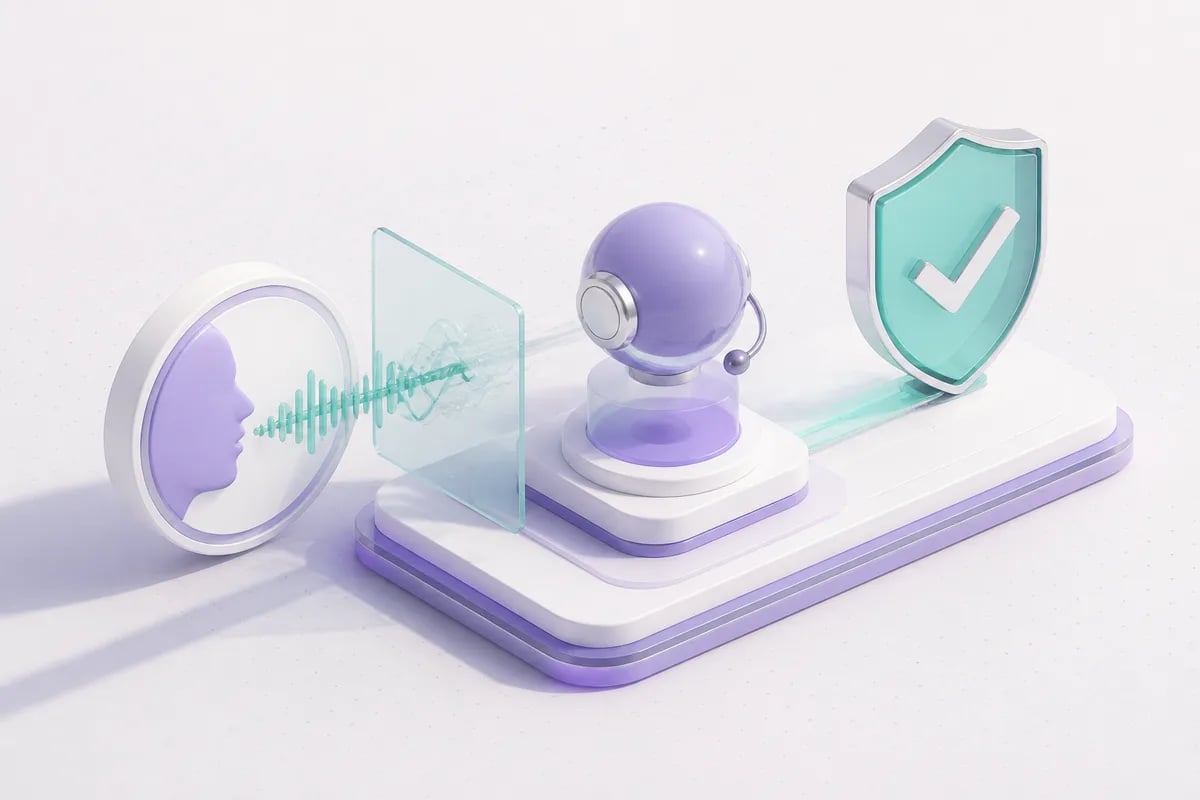 Isometric 3D editorial illustration for Voice Agent Testing Platform: Choosing One Based on Real-Call Constraints