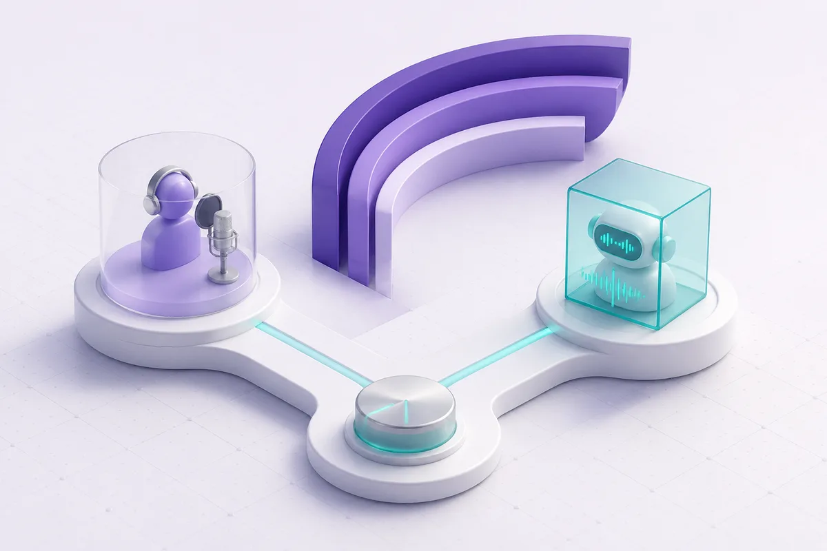 Isometric 3D editorial illustration for Voice over agents near me: choosing between local casting and production voice AI agents