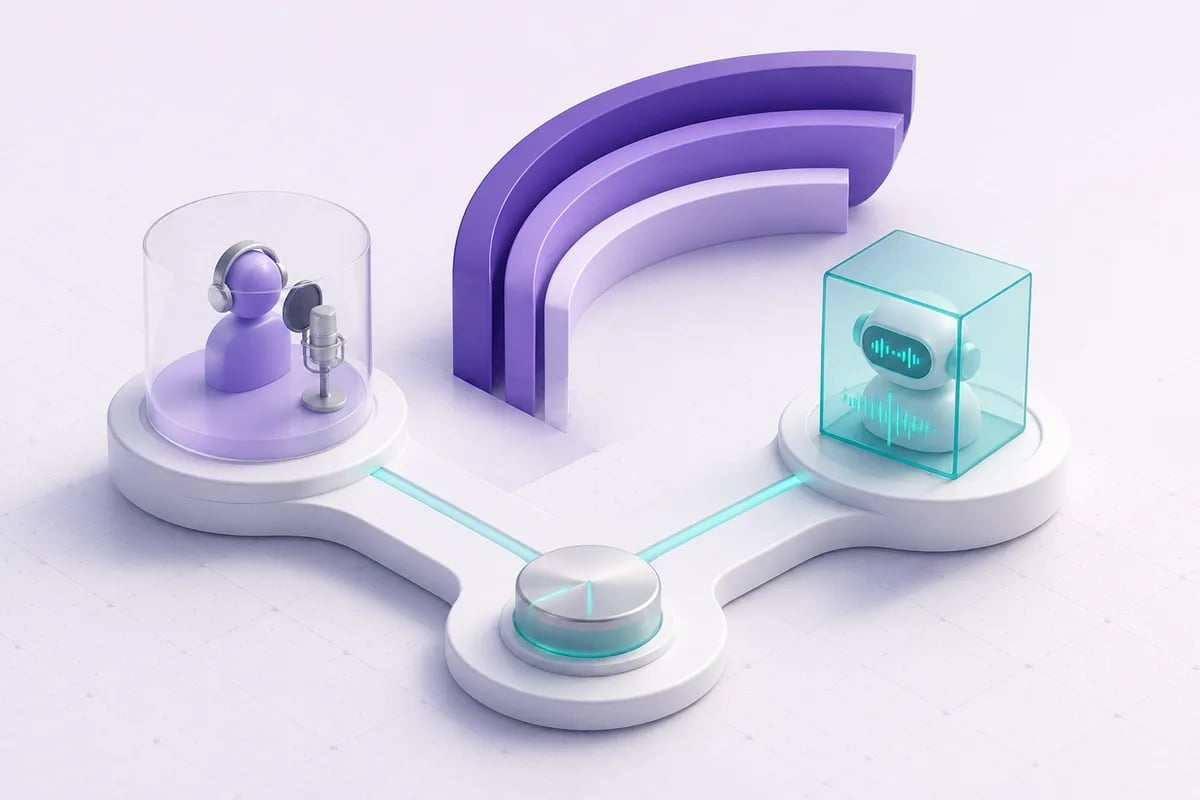 Isometric 3D editorial illustration for Voice over agents near me: choosing between local casting and production voice AI agents
