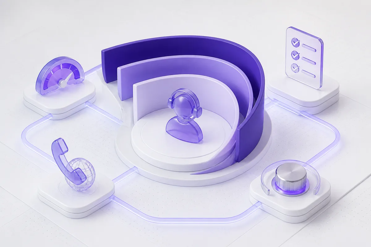 Isometric 3D editorial illustration for How to Choose a Voice Agent Platform for Production Calls