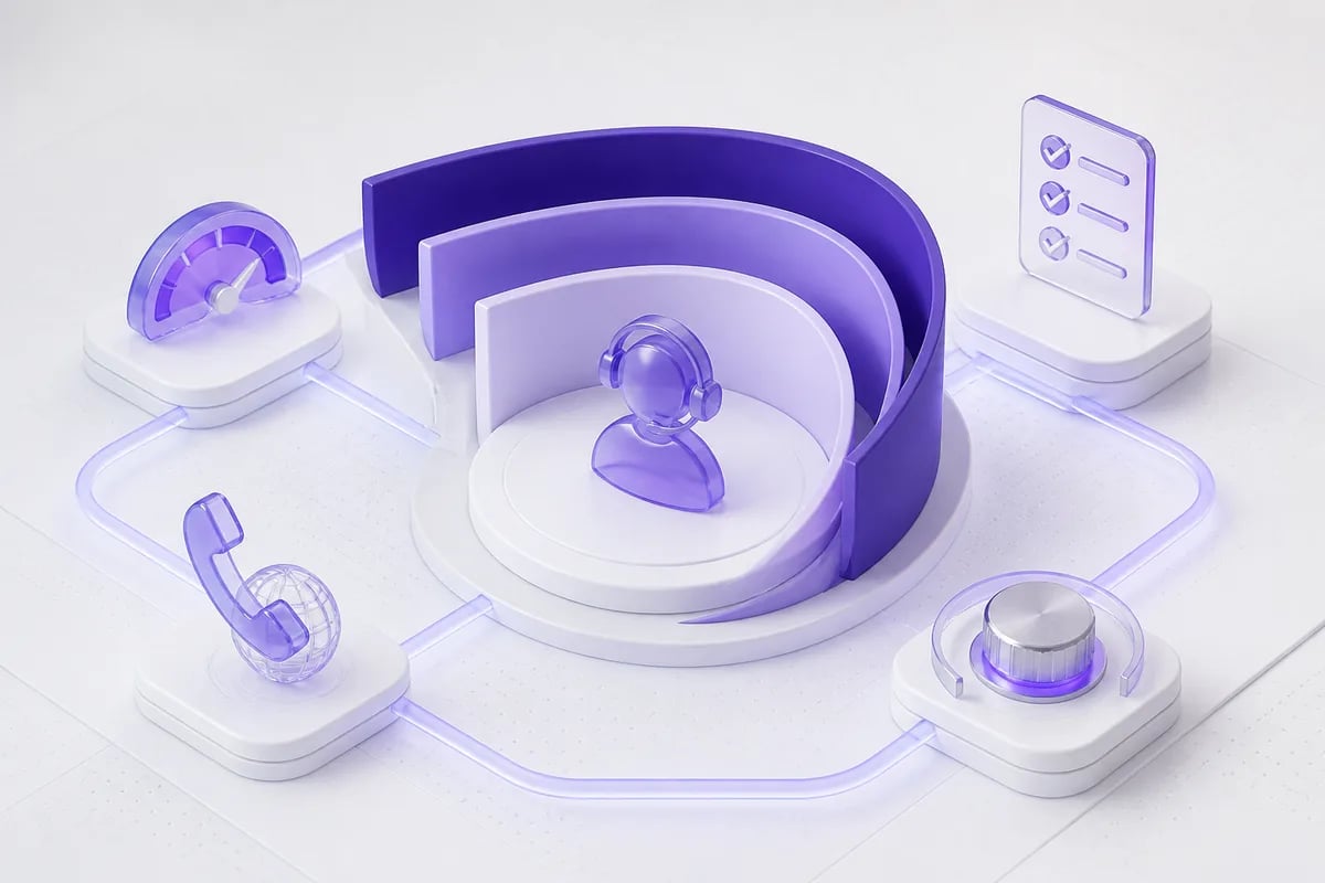 Isometric 3D editorial illustration for How to Choose a Voice Agent Platform for Production Calls