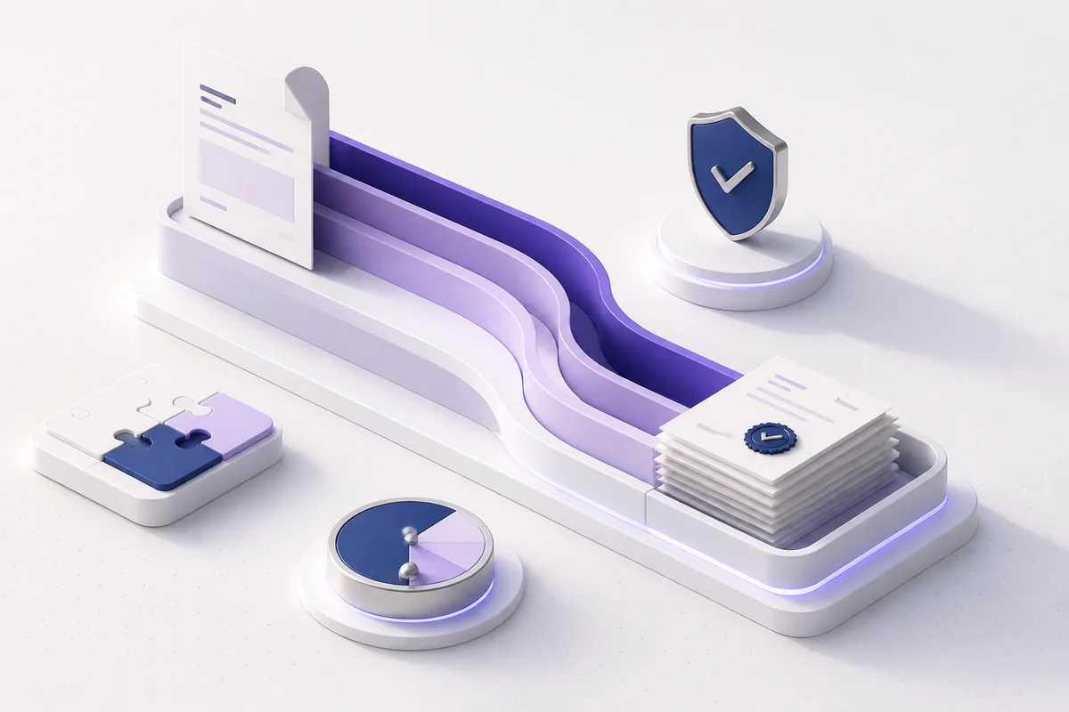 Isometric 3D editorial illustration for Document automation for financial services: workflow constraints, risk, and buying criteria