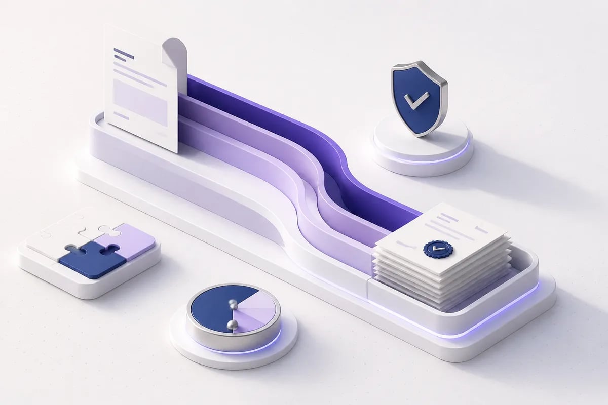 Isometric 3D editorial illustration for Document automation for financial services: workflow constraints, risk, and buying criteria