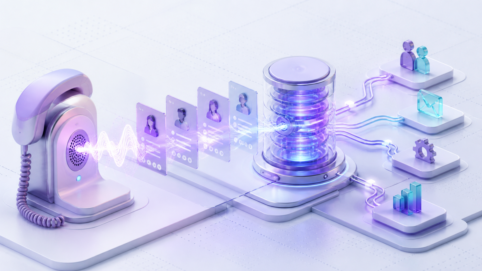 Isometric 3D illustration of voice data flowing into a connected CRM system