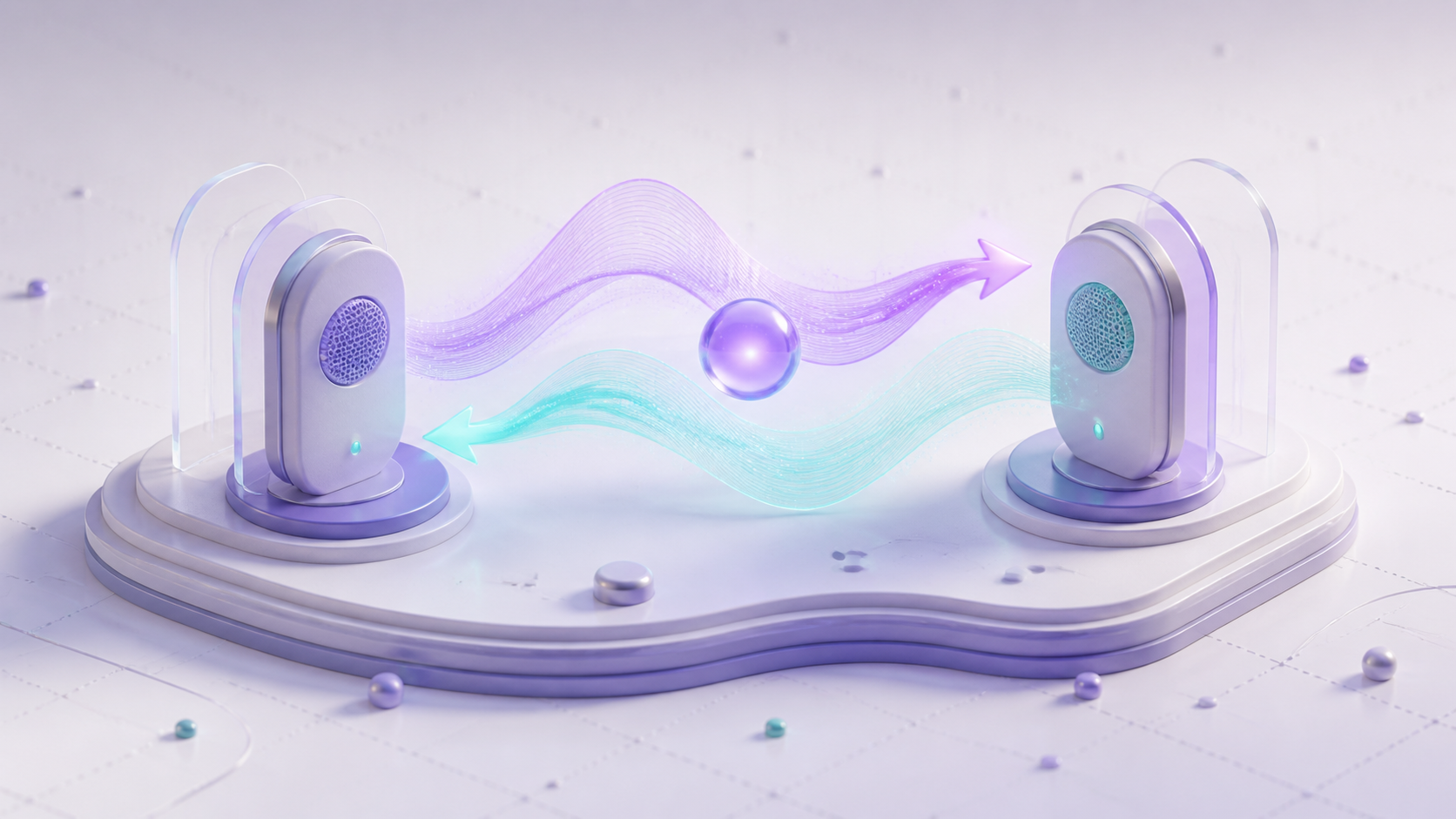 Isometric 3D illustration of two voice terminals exchanging the conversational turn