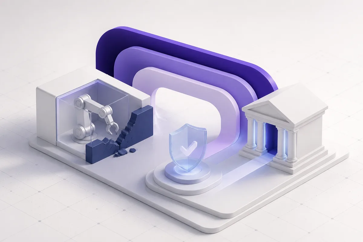 Isometric 3D editorial illustration for Intelligent automation in financial services: workflow constraints, risk, and buying criteria