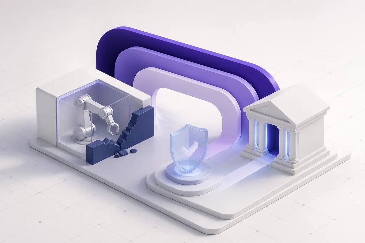 Isometric 3D editorial illustration for Intelligent automation in financial services: workflow constraints, risk, and buying criteria