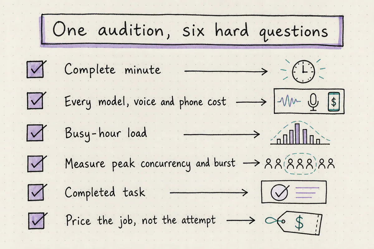 Handwritten checklist for a fair production comparison between ElevenLabs and Persistence