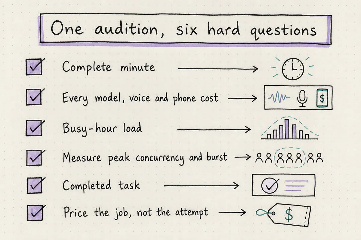 Handwritten checklist for a fair production comparison between ElevenLabs and Persistence
