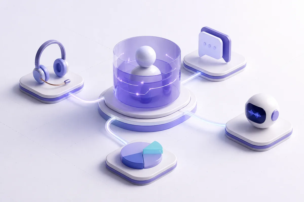 Isometric 3D editorial illustration for CRM for customer service: what it should do in the contact center