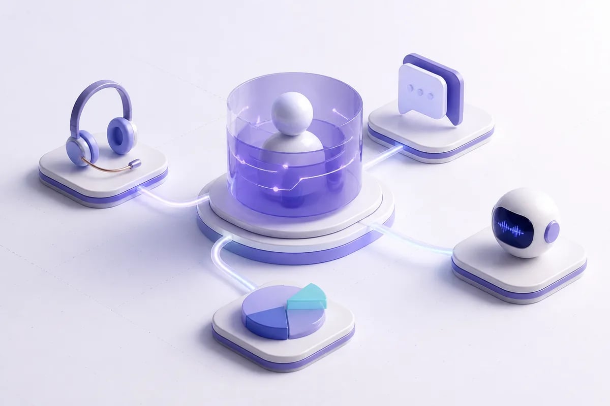 Isometric 3D editorial illustration for CRM for customer service: what it should do in the contact center