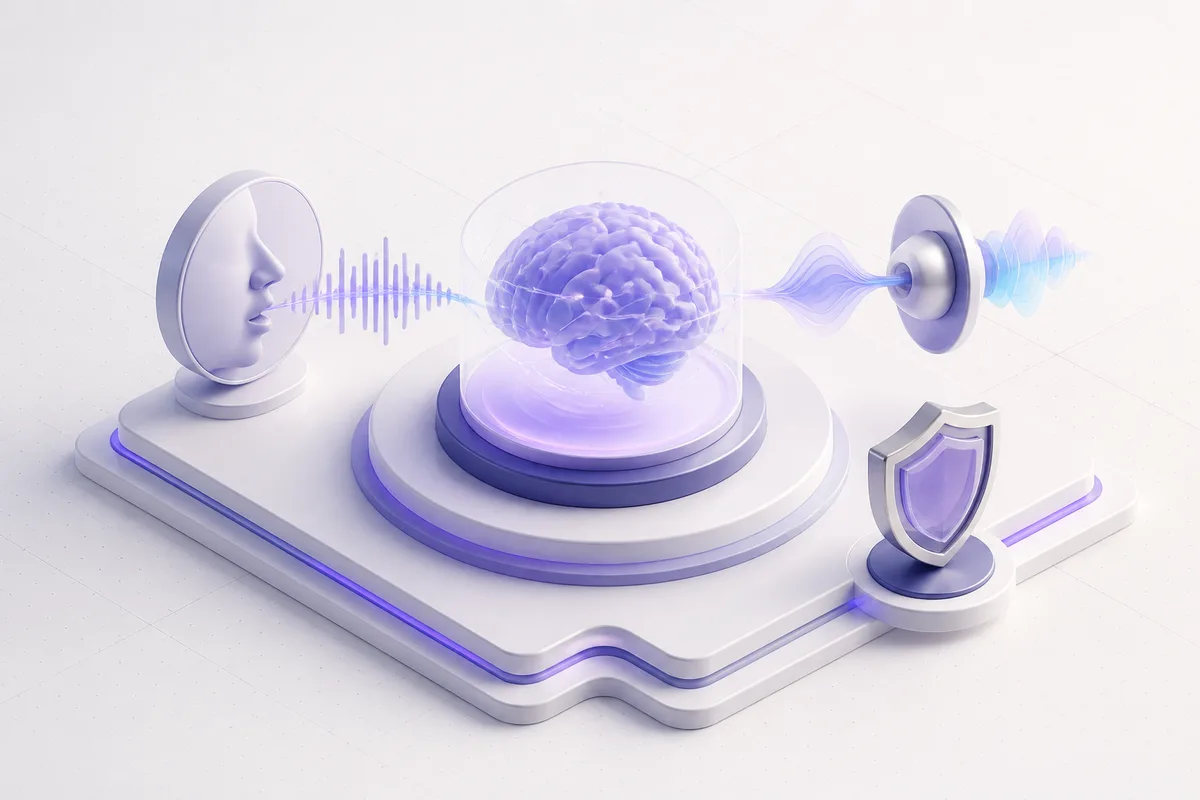 Isometric 3D editorial illustration for What Is Voice AI: A Practical Guide for Production Teams