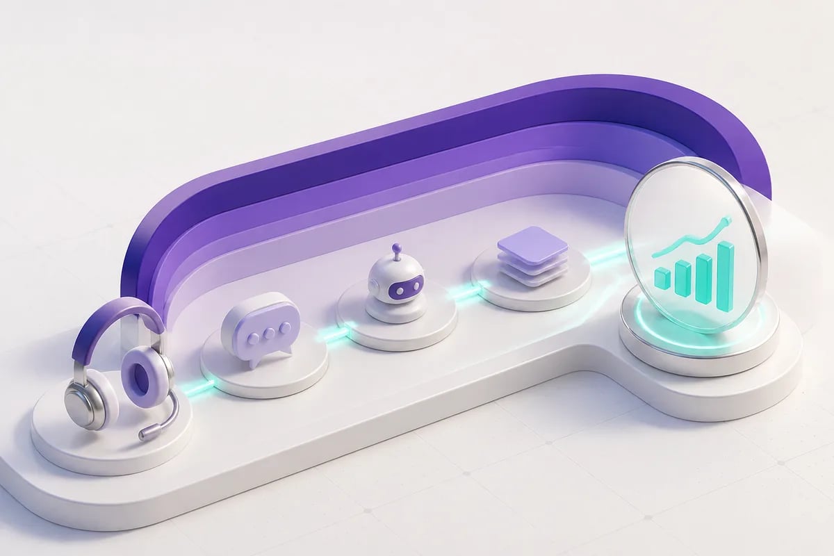 Isometric 3D editorial illustration for Contact center automation: connecting the workflow to measurable customer outcomes