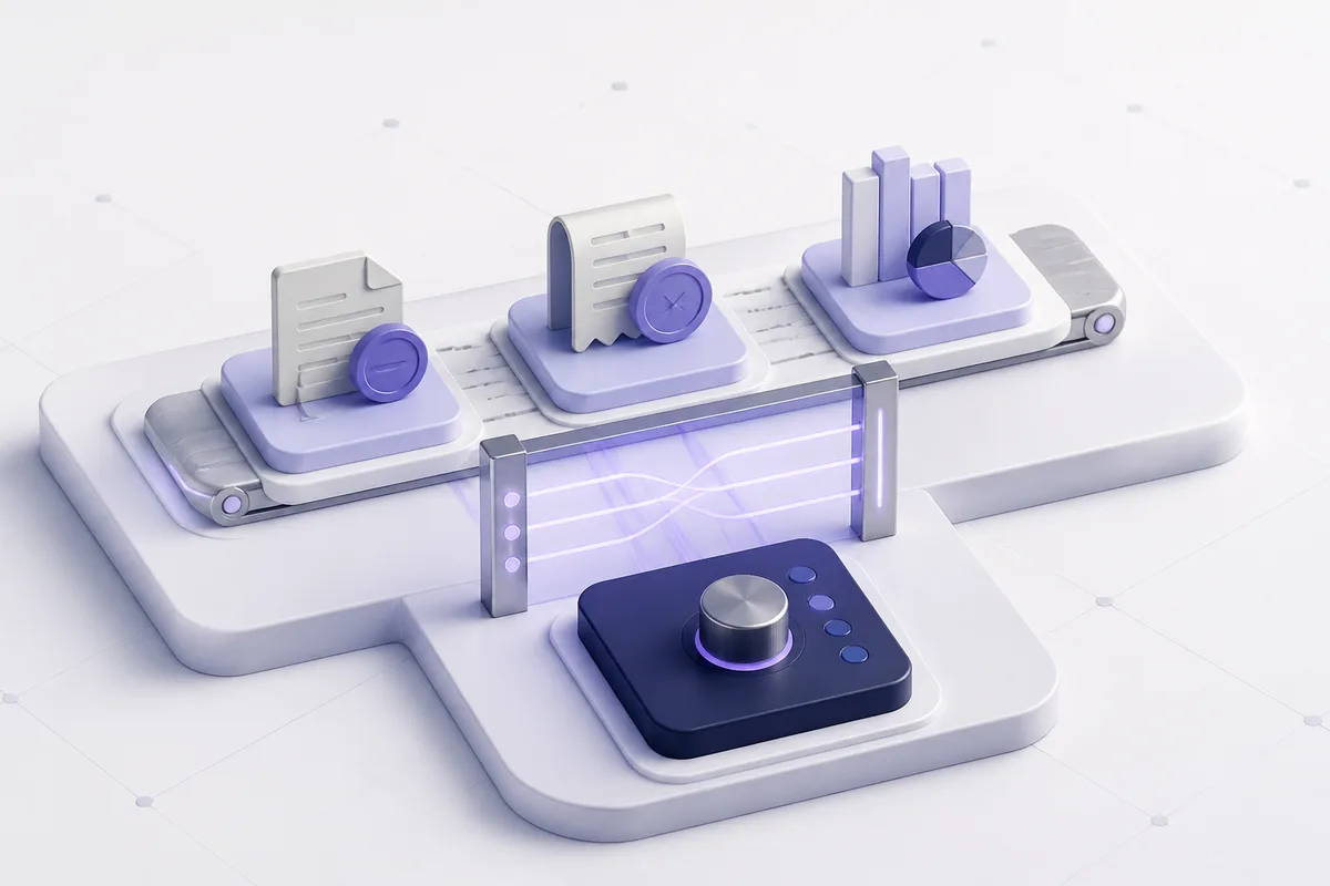 Isometric 3D editorial illustration for Finance automation examples: where workflow constraints decide what to automate first