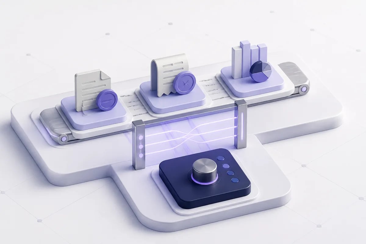 Isometric 3D editorial illustration for Finance automation examples: where workflow constraints decide what to automate first