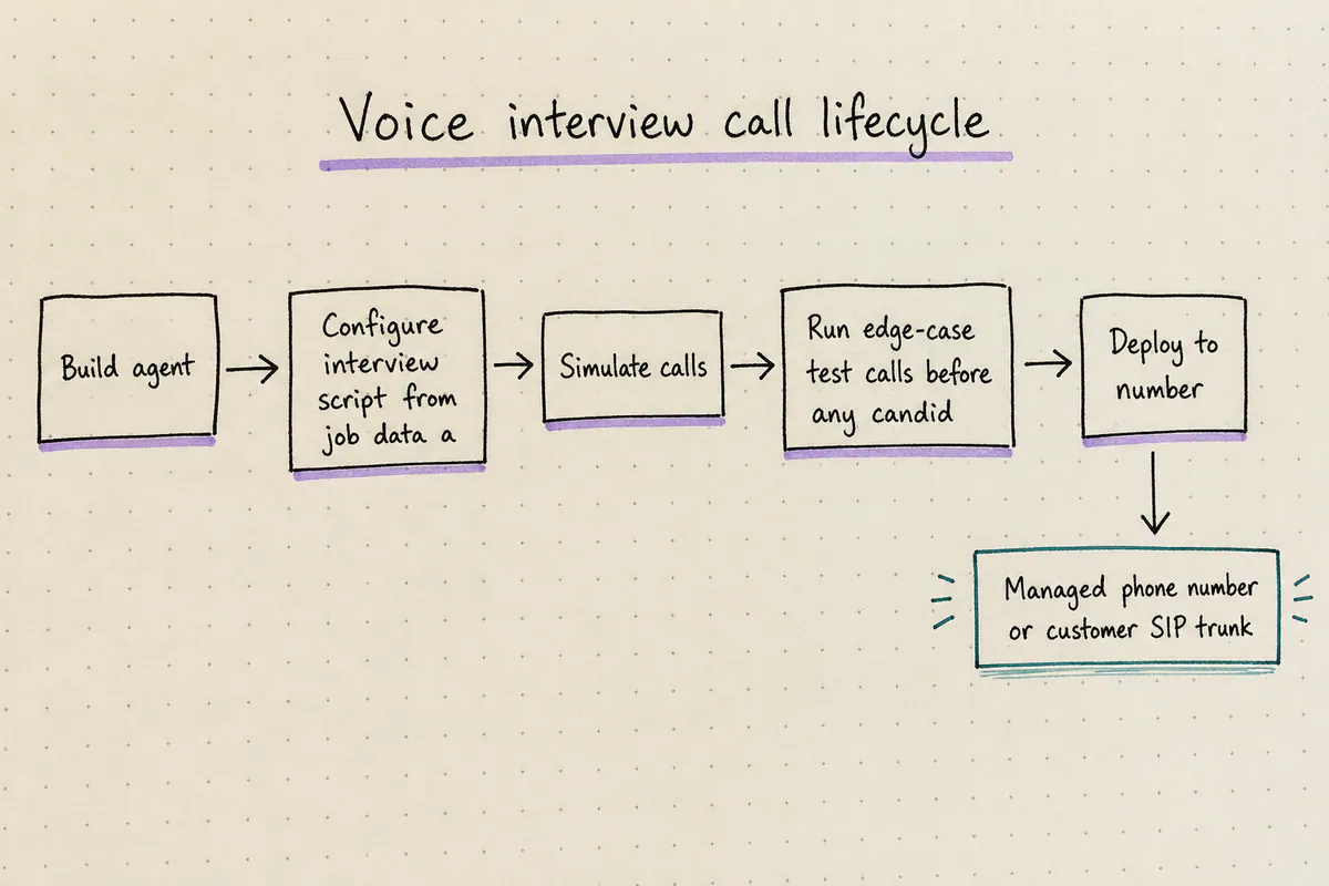Flow diagram showing the stages of a real time AI voice agent interview call from build to post-call handoff