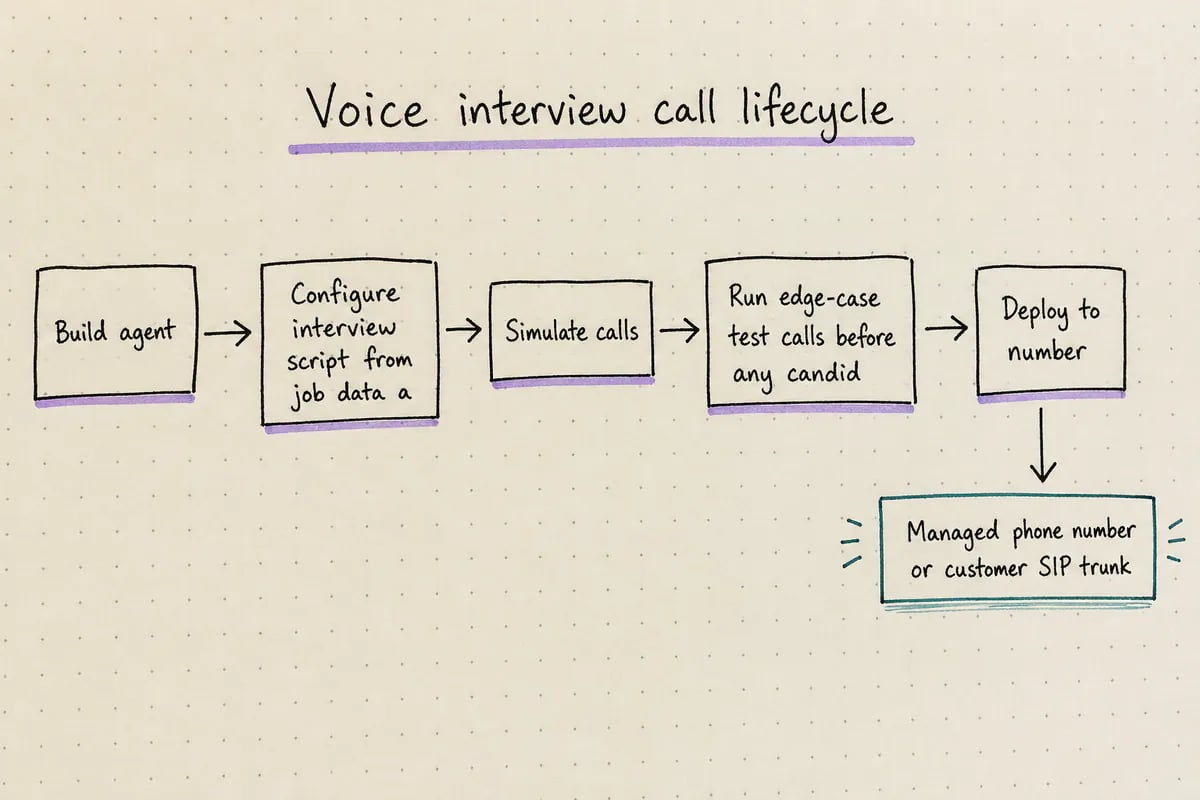 Flow diagram showing the stages of a real time AI voice agent interview call from build to post-call handoff