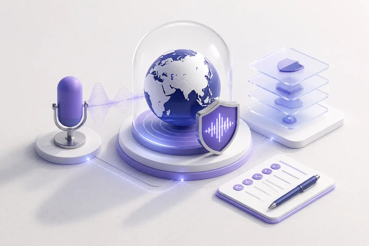 Isometric 3D editorial illustration for AI data residency requirements: threats, controls, and verification for voice AI
