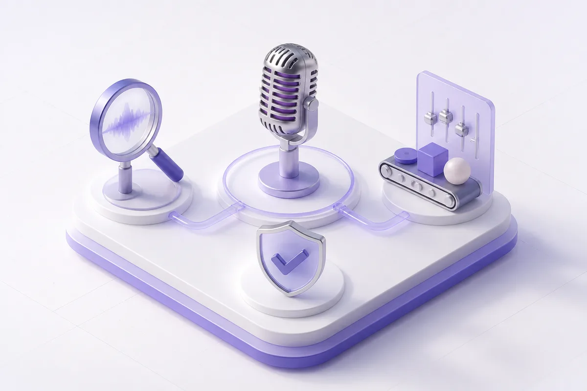 Isometric 3D editorial illustration for Agents for Voice Actors: What to Buy When Calls Must Work